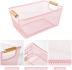 PTSGCAI 2Pack Metal Mesh Steel Basket with Bamboo Handle - Wire Metal Basket for Kitchen Organization, 12" Wide Food Organizer Bin, Perfect for Organizing Bulk Pantry (PINK) - Image 3