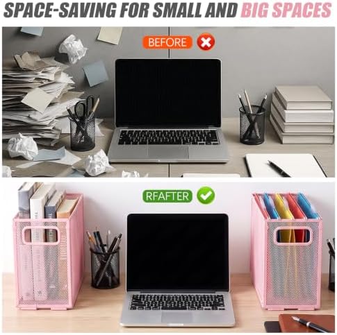 Zhengmy 3 Pcs Hanging File Organizer Letter Size File Holder Metal Mesh Filing Box Desktop Folder Letter Storage Cabinets Magazine Holder with Handles for Home Office School Document (Pink) - Image 5