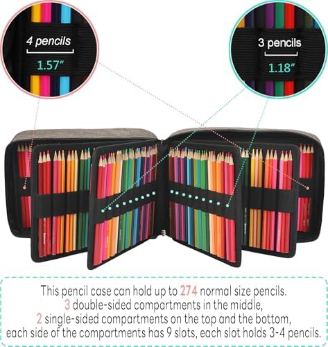 JAKAGO 274 Slots Colored Pencil Case Large Capacity Pen Holder for Artist Painter Zipper Organizer Bag for Marker Highlighter Storage Case for Office Sketch Travel Supplies(Gray) - Image 3