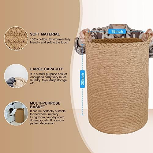 58L Cotton Woven Laundry Hamper,Foldable Laundry Basket for Blankets,Pillows,Toys,Shoes Tall CLothes Hamper Laundry Bin Light Brown 20''H 15''D - Image 3