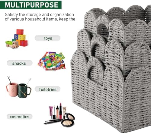 OIAHOMY Scalloped Wicker Baskets, Hand-woven Storage Baskets with Built-in Handles, Paper Rope Shelf Baskets for Organizing and Decoration, Set of 3-Grey - Image 4
