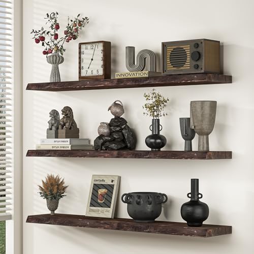 Floating Shelves for Wall, 55"x9.3" Rustic Solid Live-Edge Elm Wood Wall Shelves, Heavy-Duty Floating Shelves with Invisible Brackets, Set of 2 for Living Room, Bedroom, and Kitchen, Walnut Finish - Image 2