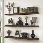 Floating Shelves for Wall, 55"x9.3" Rustic Solid Live-Edge Elm Wood Wall Shelves, Heavy-Duty Floating Shelves with Invisible Brackets, Set of 2 for Living Room, Bedroom, and Kitchen, Walnut Finish - Image 2