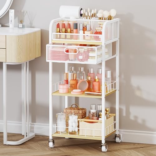 HapiRm Makeup Organizer Storage Cart - Floor Skincare Make Up Organizers with 4 Drawers, Rolling Makeup Cart Vanity Organizer Cosmetics Display Cases Holder for Skin Care Nail Polish Pure White - Image 2
