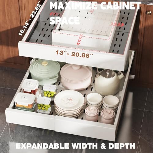 Seinloes Pull Out Cabinet Organizer,4-Side Expandable to Maximize Cabinet Space,Slide Out Drawers with 3 Rail Design,Roll Out Shelf with Raising Pad for Framed Cabinet,13"-21"W x 17"-24"D,White,2 Pack - Image 2
