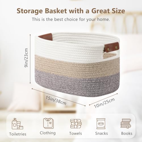 ECDYQXVU 15x10x9 Woven Cotton Rope Storage Basket, Leather Handles 2 Pack - Image 3