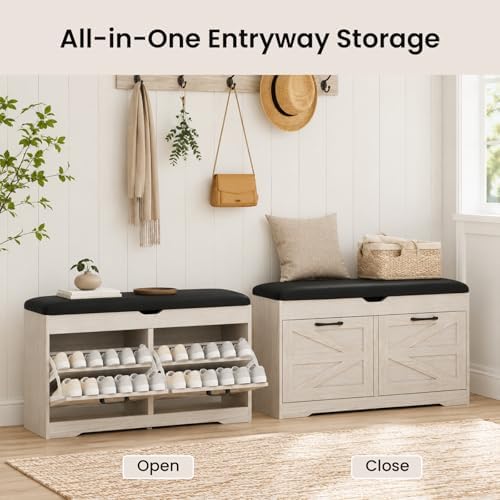 39" Shoe Storage Bench with Seat Cushion, Wood, Ash White - Image 5