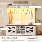Itaar Hall Tree with Bench and Shoe Storage, 5-in-1 Entryway Bench with Coat Rack, 16 Shoe Cubbies & 12 Coat Hooks, Barn Door & Adjustable Shelf (White) - Image 3