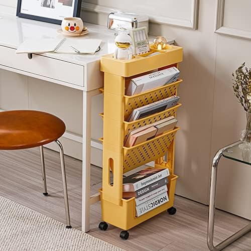 Yellow Rolling Office Paper Organizer, Mobile Book Cart Document Folder File Storage with Pen Holder, Slim Rolling Storage Cart Movable Bookshelf for Office, Dorm, Classroom, Nursery - Image 2