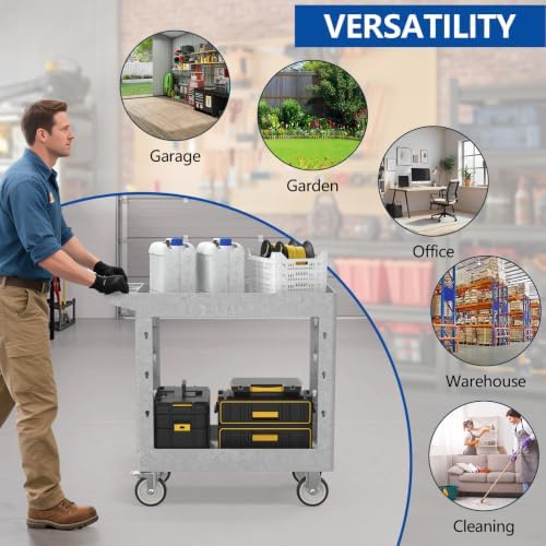 Large Garage Plastic Utility Cart, Heavy Duty 2 Shelf Tool Cart Service Cart Rolling Push Carts with Ergonomic Handle 5" Swivel Casters. - Image 7