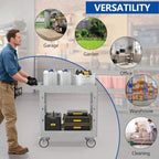 Large Garage Plastic Utility Cart, Heavy Duty 2 Shelf Tool Cart Service Cart Rolling Push Carts with Ergonomic Handle 5" Swivel Casters. - Image 7