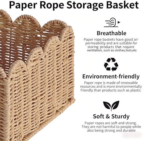 Scalloped Basket, Wicker Storage Baskets, Hand Woven Baskets for Shelves,Natural Baskets for Organizing (S+M) - Image 2