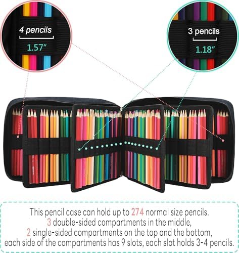 JAKAGO 274 Slots Colored Pencil Case Large Capacity Pen Holder for Artist Painter Zipper Organizer Bag for Marker Highlighter Storage Case for Office Sketch Travel Supplies(Blue) - Image 3