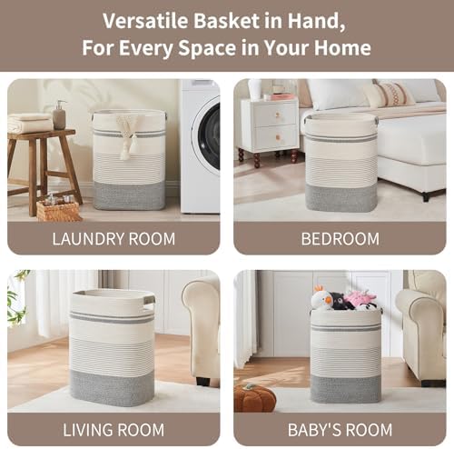 Laundry Hamper, 85L Cotton Rope Laundry Basket, Grey & White - Image 4