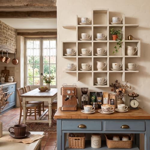 Suzile 5x5 Wall Shelf for Tea Cups Saucers, Rustic Wood Rack, White - Image 4