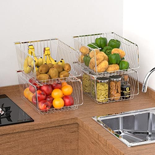 Wire Storage Baskets Stackable Organizer Basket Bins Stacking Household Wire Baskets with Handles Storage Organization for Kitchen, Pantry, Bathroom, Cabinets, Closets, Bedrooms, Set of 2 - Image 4