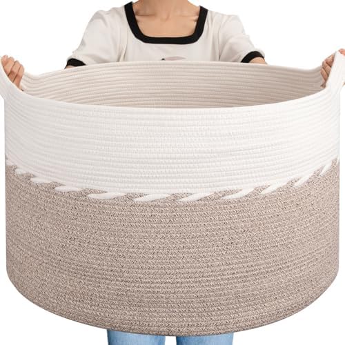 OIAHOMY 125L Extra Large Blanket Basket, Jumbo Cotton Laundry Basket Brown by MasterofSpaceOptimization