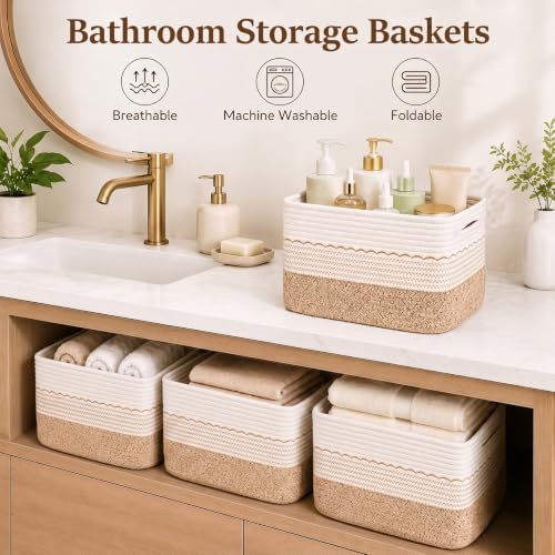 OIASKET 4 Pack Storage Baskets for Organizing, 13"X9"X7.87", Decorative Cotton Rope Baskets for Shelves, Small Woven Basket for Toys, Books and Towels, Brown & White - Image 5