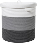 16x18 Inch Extra Large Round Cotton Rope Storage Basket with Lid, Decorative Woven Bin with Cover for Living Room Bedroom Closet, Grey & Dark Grey by Cottonphant