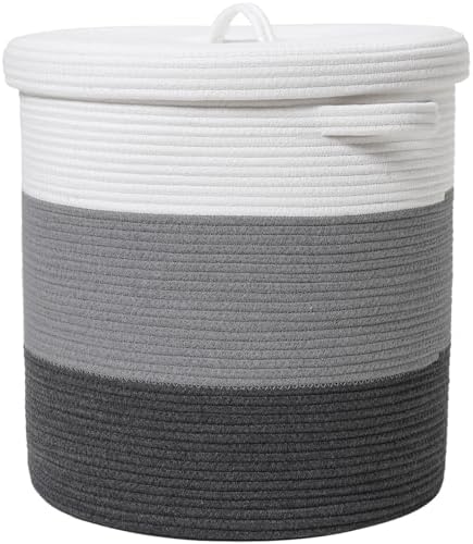16x18 Inch Extra Large Round Cotton Rope Storage Basket with Lid, Decorative Woven Bin with Cover for Living Room Bedroom Closet, Grey & Dark Grey by Cottonphant