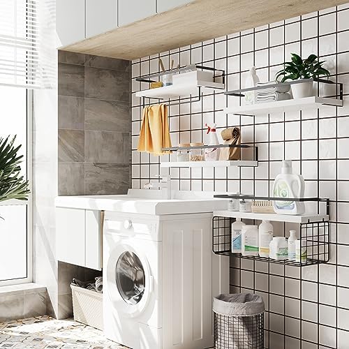 White Wood Floating Shelves Wall Mounted - 4+1 Tier Rustic Bathroom Wall Shelves Over Toilet with Wire Storage Basket and Towel Bar, set of 4 Farmhouse Floating Shelf for Bathroom, Kitchen, Bedroom. - Image 5