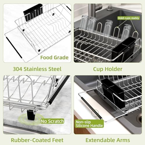 in Sink Expandable Dish Drying Rack with Silicone Mat-Extra Large Stainless Steel Dish Drainer Over The Sink with Utensil Holder, Applicable for Sink Width 16'-22' (Silver,23.2'*12.2') - Image 6