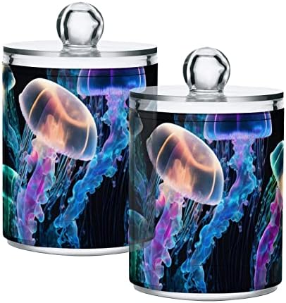 Vnurnrn Plastic Jars with Lid (Glowing Sea Jellyfish), Bathroom Vanity Canisters Storage Organizer for Cotton Balls, Swabs, Pads,Bath Salts, 4 Pack by Unknown