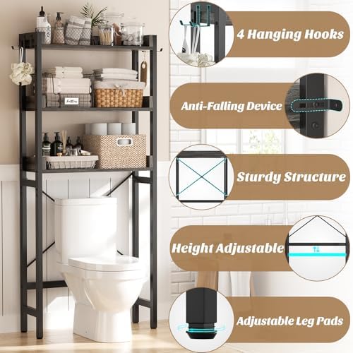 Ecoprsio Over-The-Toilet Storage Rack, 3-Tier Bathroom Organizer Shelf Over Toilet, Freestanding Space Saver Toilet Stands with 4 Hooks, Grey - Image 5