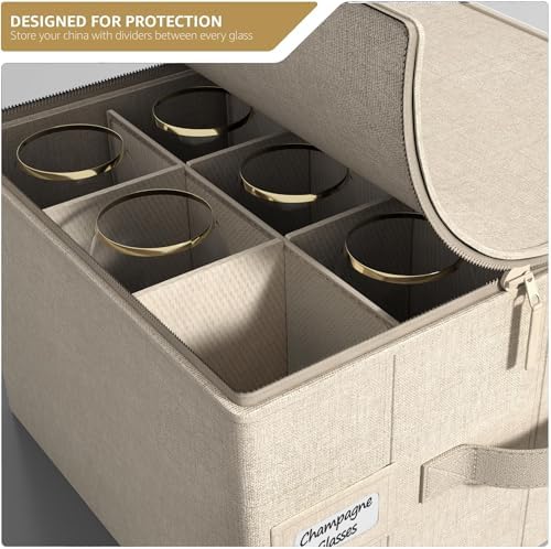 Sorbus Champagne Flute Storage Box, Hard-Shell Case, with Lid (Beige) - Image 4