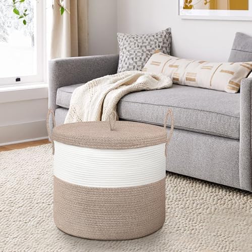 18" X18“ X 14" Large Storage Basket with Lid, Blanket Basket Living Room, Woven Cotton Rope Storage Box, Lidded Kids Dog Toy Bin, Wicker Laundry Basket, Blankets Pillows Organizer Holder - Image 6