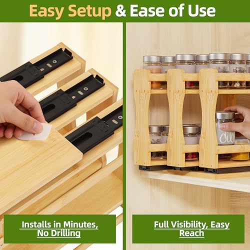 BAMEOS Pull Out Spice Rack Organizer for Cabinet, Bamboo Wide 7.7" Slide Out Seasoning Organizer for Kitchen, No Drill Anti-Tip Ball Bearing Silent Glides, Pantry Cabinet Organizer, Natural - Image 3