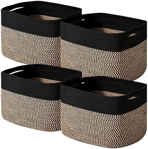 ICERZCZ Storage Baskets for Shelves Organizing, Woven Cotton Rope Baskets for Storage, Book Basket, Decorative Shelf Basket, 12.5"Lx9.1''Wx7.9''H (4 Packs) Black & Jute by ICERZCZ