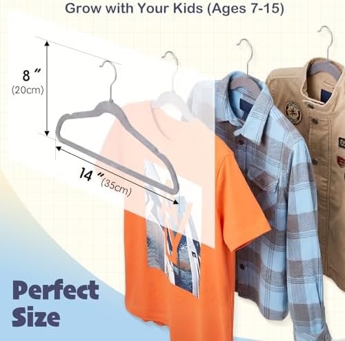HOUSE DAY 14 Inch Kids Velvet Hangers 50 Pack, Durable Big Kid Hanger Grey - Image 3