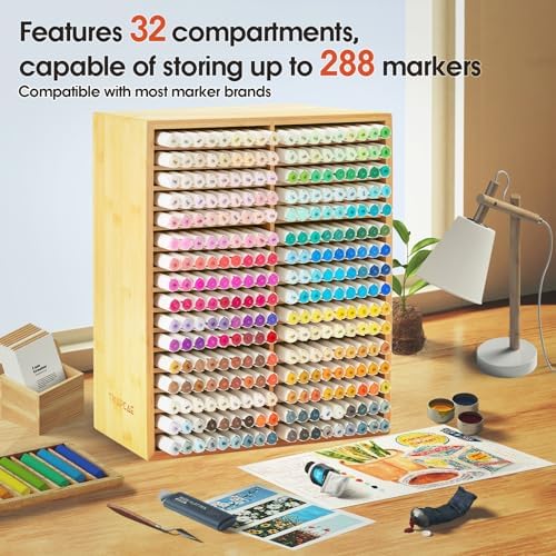 Marker Organizer for 288 Markers,Bamboo Wooden Desk Storage Organizer Rack,Markers Pens Pencils Art Brushes Storage Holder for Home Classroom Office Decor - Image 3