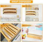 Wrap Organizer Dispenser with Cutter, (2 Piece Set), Fits 12" Rolls, Plastic Wrap, Aluminum Foil, Wax Paper, Saran Wrap, Cling Wrap Holder for Kitchen Storage, Mountable, Bamboo - Image 5