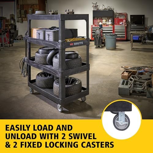 New Rubbermaid Commercial Products 4-Shelf Utility/Service Quad Cart, Heavy Duty Large, Lipped Shelf, Ergonomic Handle, 700 lbs. Capacity, for Warehouse/Garage/Cleaning/Manufacturing (2128657) Black - Image 5