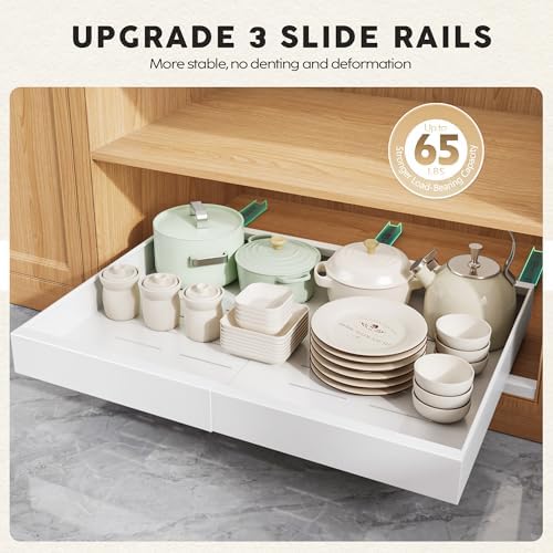 Seinloes 2 Pack Pull Out Cabinet Organizers 21" Deep With Raising Pad for Framed Cabinets, Expandable Width (15.2"-26.3") Slide Out Drawers Upgrade 3 Slide Rails, Roll Out Shelves Adhesive, White - Image 5