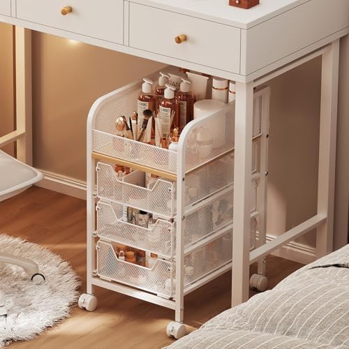 Hongtamoya Rolling Makeup Cart Organizer with 3 Drawers, Narrow Floor Skincare Organizers, Cosmetics Display Cases Vanity Organizer for Skin Care Nail Polish Perfume Makeup Brush, White by Hongtamoya