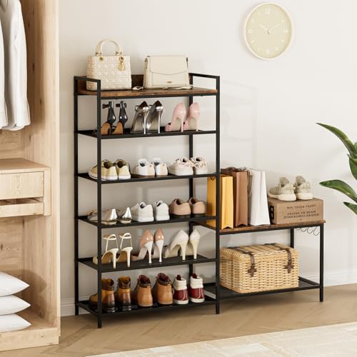 Shoe Rack Bench Storage Organizer for entryway,6-Tier Industrial Free Standing Shoe and Boot Racks with Seat,Entrance Shoe Rack Organizer Shelves for High Heels,Hallways, Closets,Brown,48.7in - Image 6