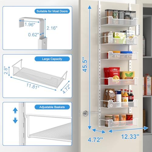 VyGrow 12.3" W Narrow Over the Door Pantry Organizer, 6-Tier Over the Door Organizer with Adjustable Basket, Pantry Door Organization for Pantry Kitchen Storage Room Spice Rack, White - Image 3