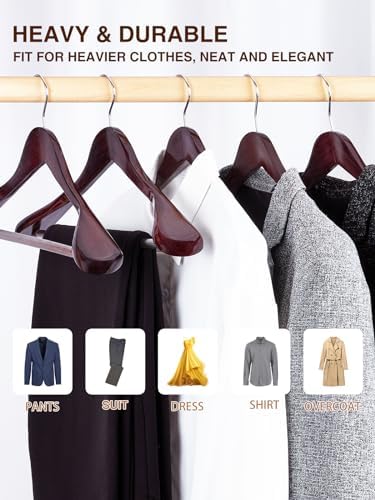 SMARTOR Suit Hangers for Men 8 Pack, Wide Shoulder Wooden Suit Hangers with Non Slip Pant Holder, Wide Hanger for Suit, Coat, Jacket, Gown, Heavy Duty Wood Suit Hanger, Cherry - Image 3