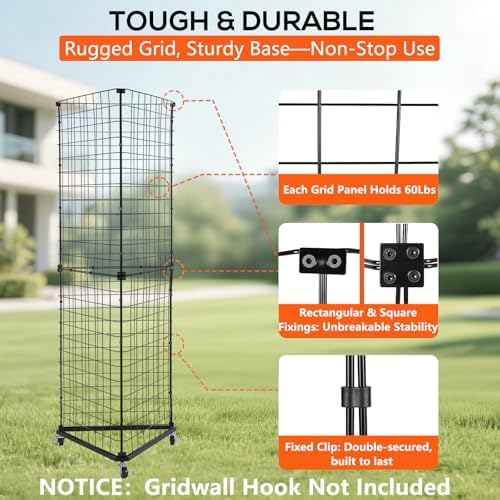 Triangular Gridwall Panel Display Stand, 3-Sided Grid Tower with Base and Casters, 2'x5.5' Floorstanding Wire Grid Rack, Black - Image 4