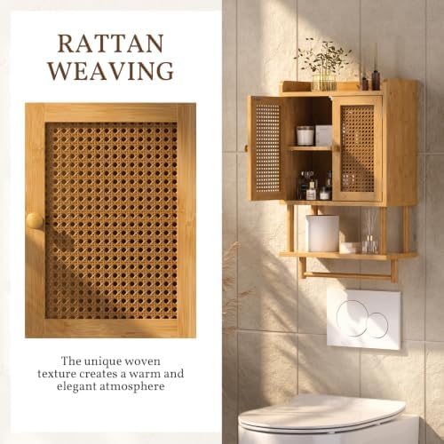 AmazerBath Bathroom Wall Cabinets, Bamboo Medicine Cabinet with Rattan Door, Over The Toilet Storage Cabinet with Towel Bar, Wall Mounted Cabinet with Adjustable Shelves for Small Spaces - Image 4