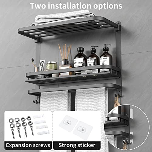 CAXIMSY 22.8Inch Towel Rack for Bathroom and Lavatory Towel Hanger with Wall Mount Towel Bars 304 Stainless Steel No Drill (Collapsible Black Towel Rack with Bathroom Organize Shower Shelves) - Image 4