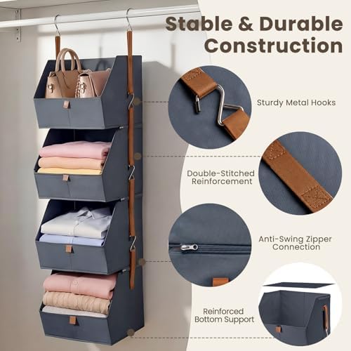 4-Tier Modular Sturdy Hanging Closet Organizer, Heavy-Duty Detachable Clothes Hanging Shelves with Reinforced Zippers and 8 Durable Hooks, Hanging Camper Organizer for Bedroom, RV, Nursery - Image 7