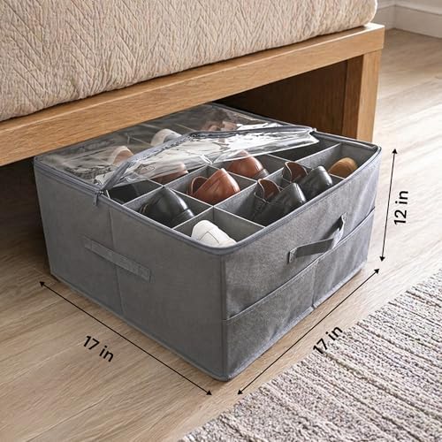 2 Pack Under Bed Shoe Storage Organizer, 16-Compartment Foldable Shoe Storage Boxes with Adjustable Dividers & Clear PVC Lid, Sneakers, Heels, Boots & Sandals Organizer for Closet, Grey - Image 7