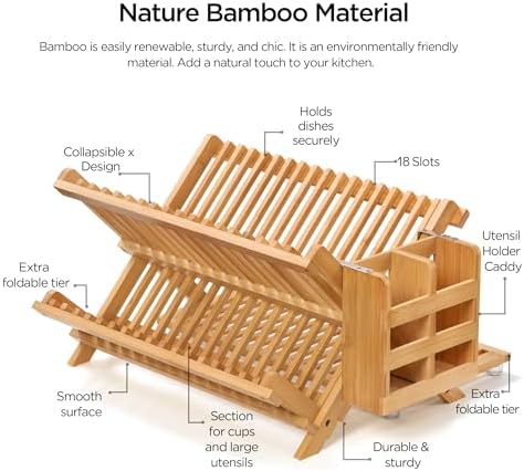 Bamboo 3 Tier Dish Drying Rack with Utensil Holder - Image 3