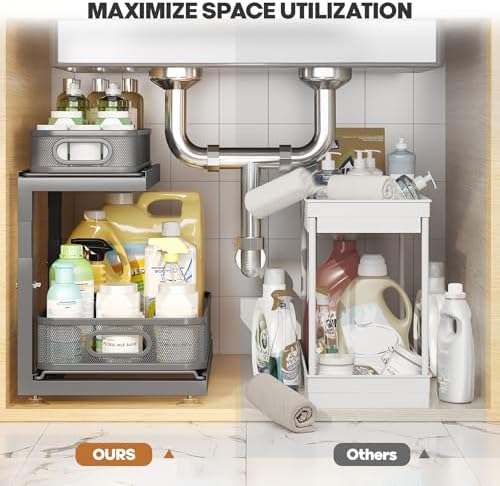 2-Pack Under Sink Storage Organizer with 2-Tier Slide Out Drawer, Sophisticated Mesh Pull Out Shelf for Kitchen & Bathroom, Fits Small Items, Upgraded Arched Track for Smooth Gliding-Gun Gray - Image 5