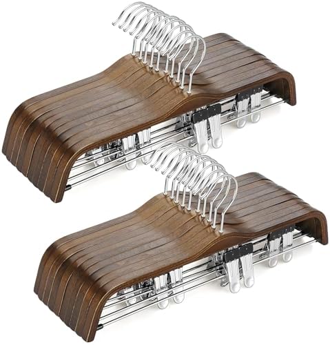 TOPIA HANGER Wooden Pants Hangers, Slim Natural Wood Skirt Hangers with Anti-Rust Hook and Adjustable Metal Clips, Perfect for Skirts, Pants, Slacks-20 Pack-CT17A20 by TOPIAHANGER
