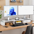 Dual Monitor Stand Riser, Adjustable Length & Swivel Angle Monitor Stand, Ergonomic Monitor Stand with Drawer & Side Pockets, Desktop Organizer and Office Desk Accessories, White - Image 2